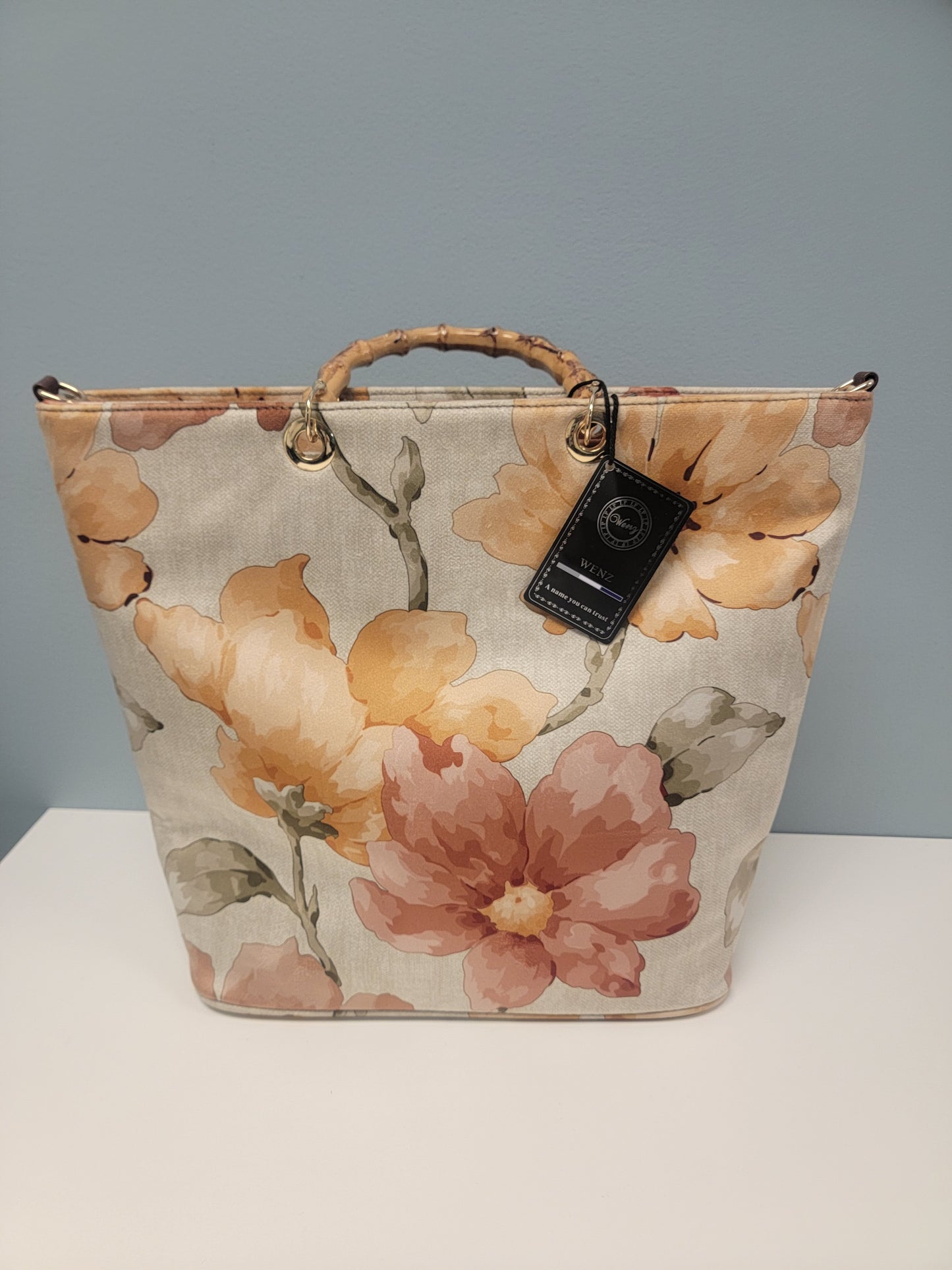 Cream Floral Bag with wood handles