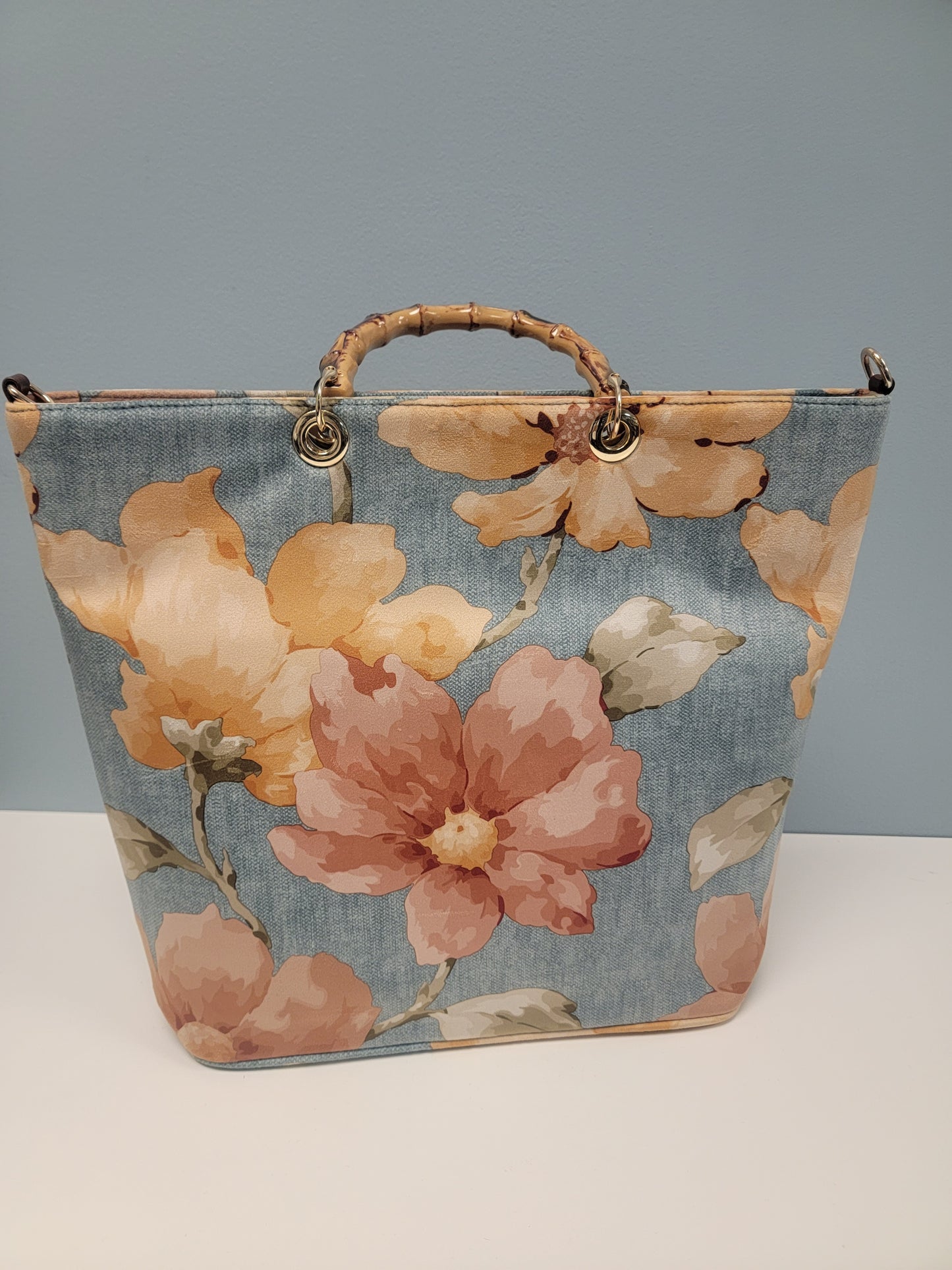 Blue Floral Bag with wood handles