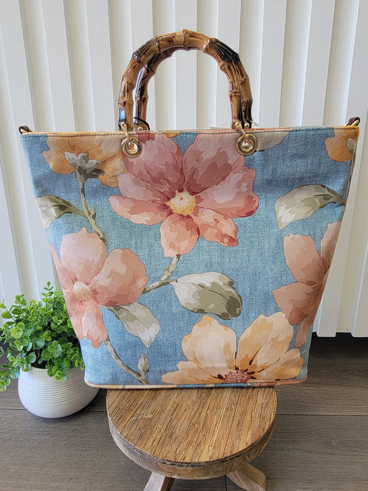Blue Floral Bag with wood handles