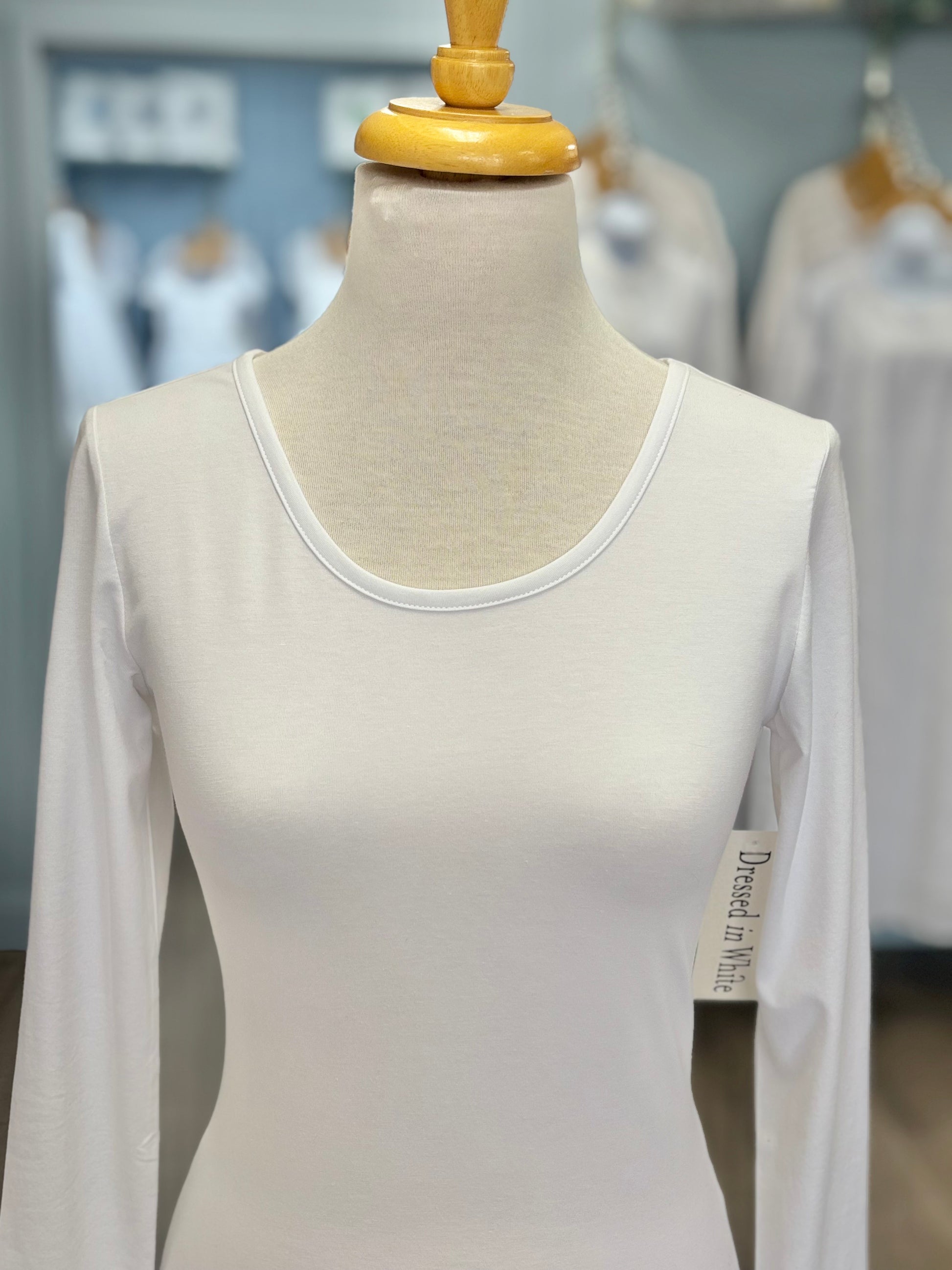 closeup of neckline on long sleeved tee 