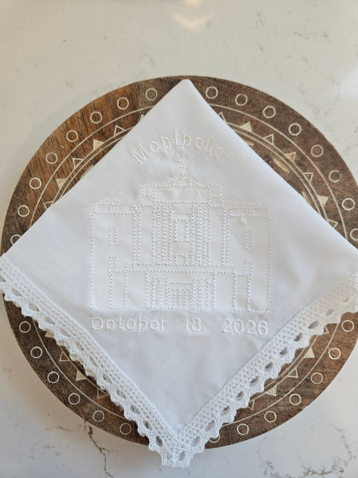 Embroidered hankie with Montpelier Idaho Temple and lace edge