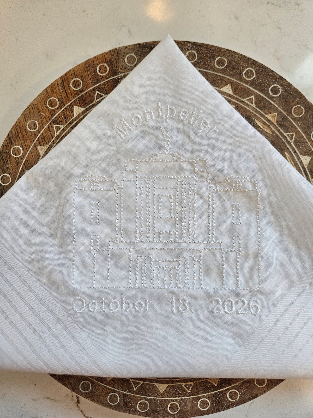 Embroidered hankie with Montpelier Idaho Temple and striped edge