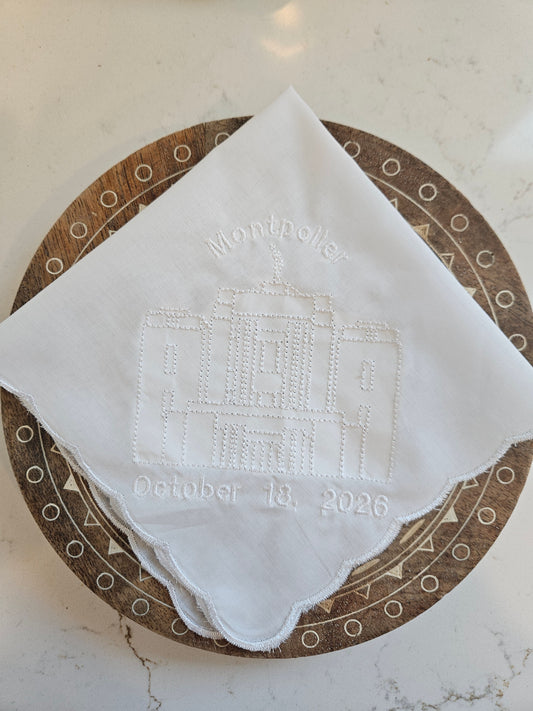 Embroidered hankie with Montpelier Idaho Temple and scalloped edge