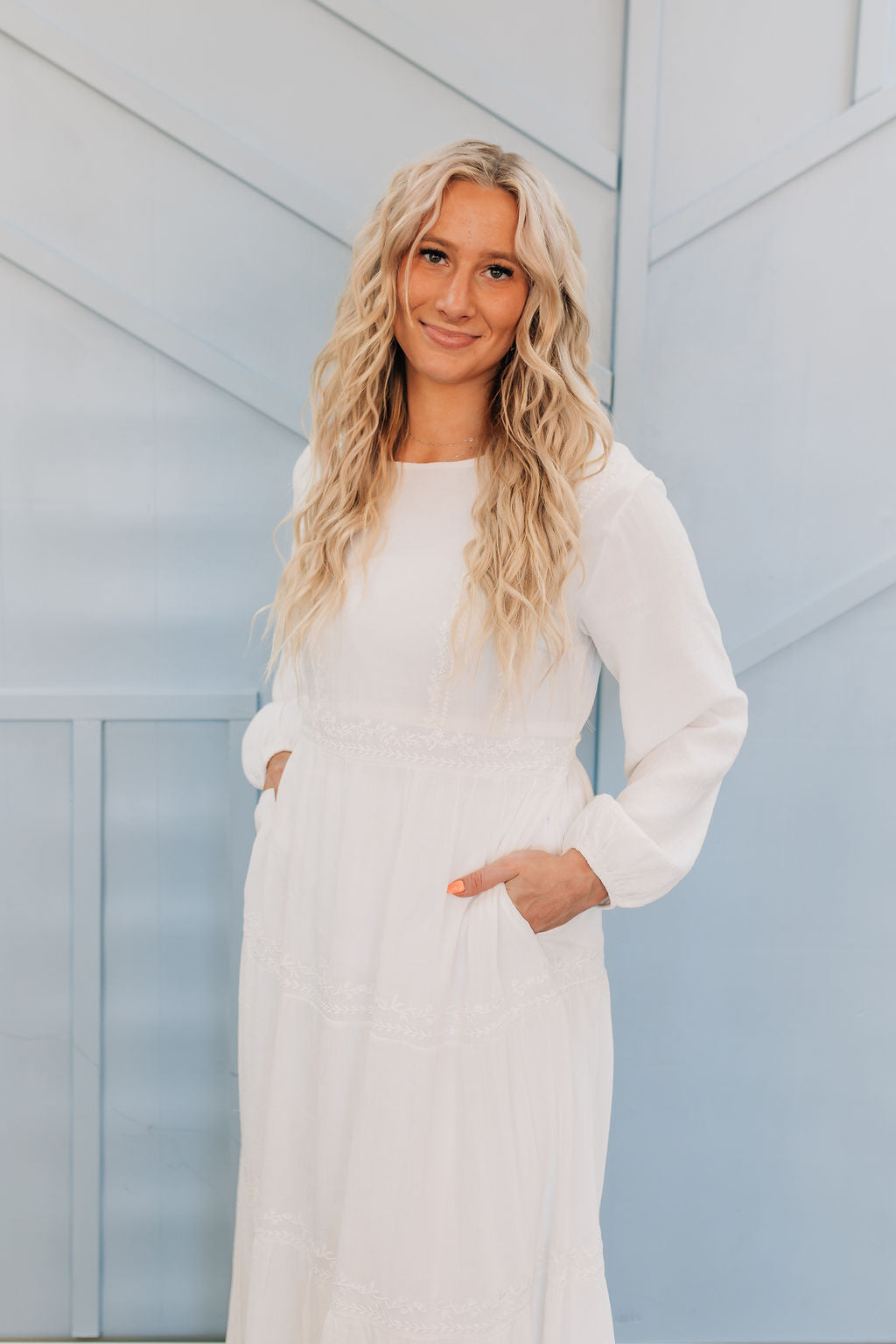 dressed in white temple dresses The Taylor Tiered Dress 51% Polyester FEBEN | H.Lorenzo|Temple Dress (TEMPLE-DRESS-WHITE-BROWN),