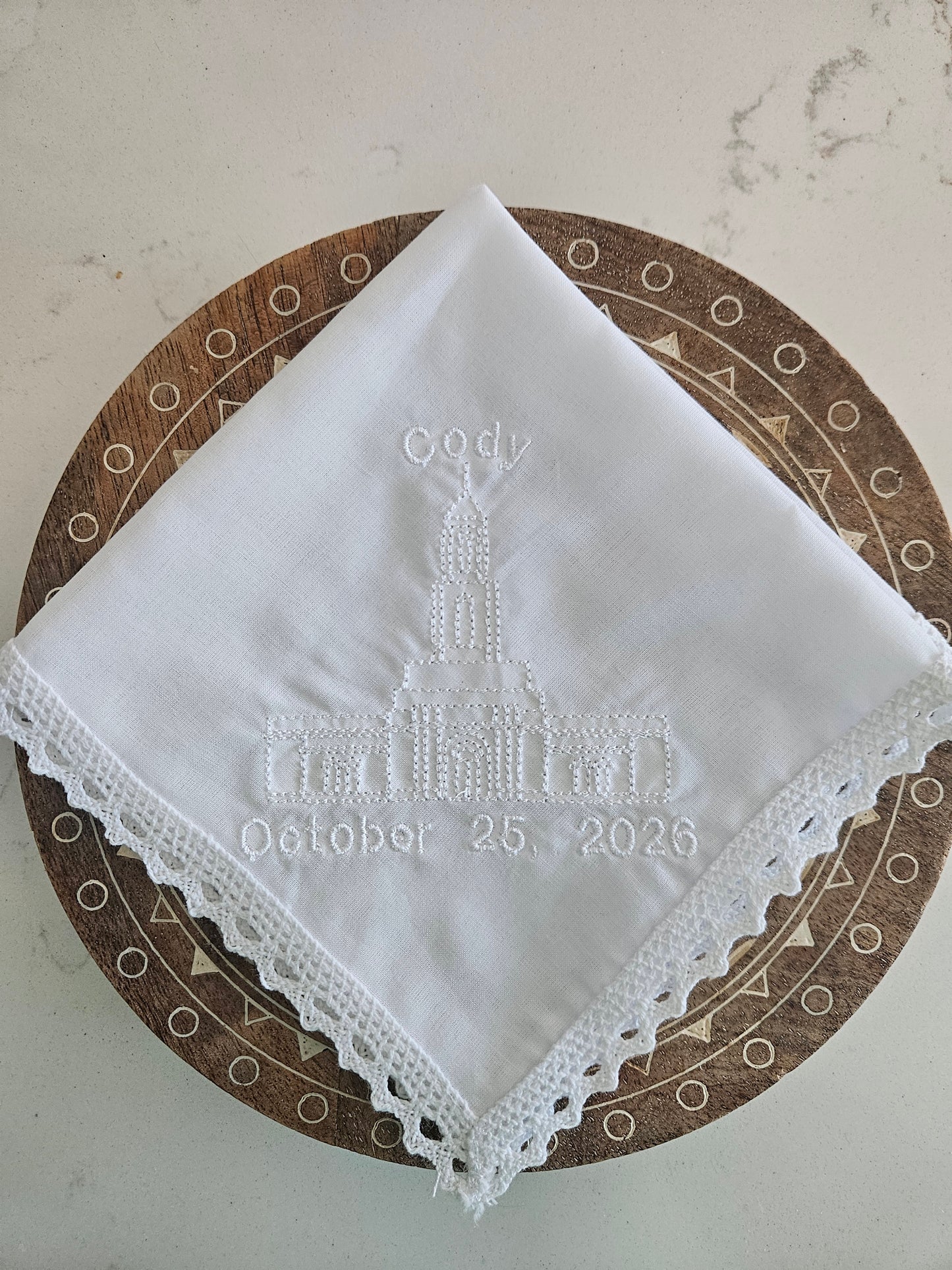 white hankie with cody wyoming lds temple embroidered