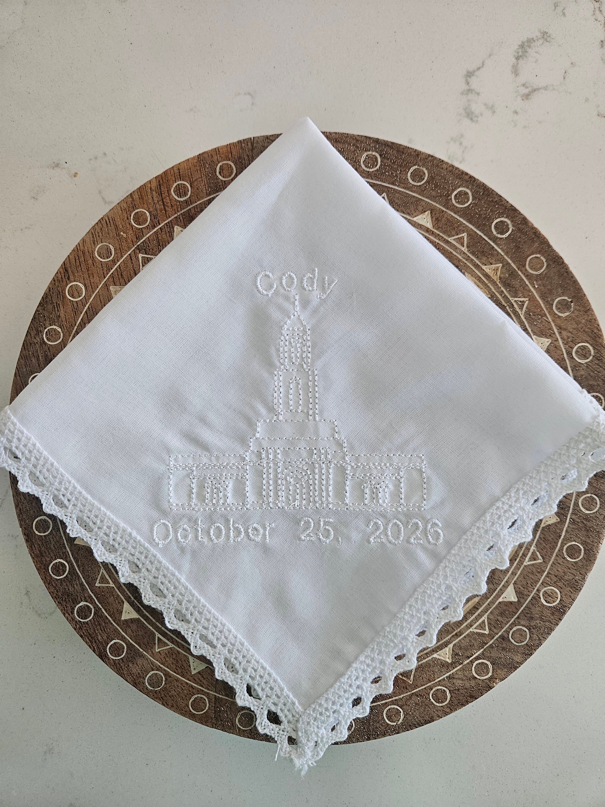 white hankie with cody wyoming lds temple embroidered