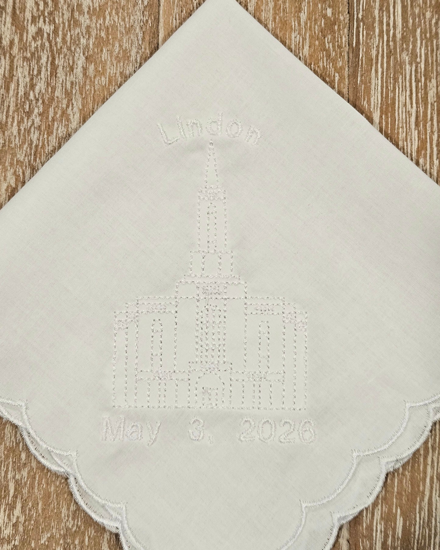 scalloped hankie with lindon temple embroidery