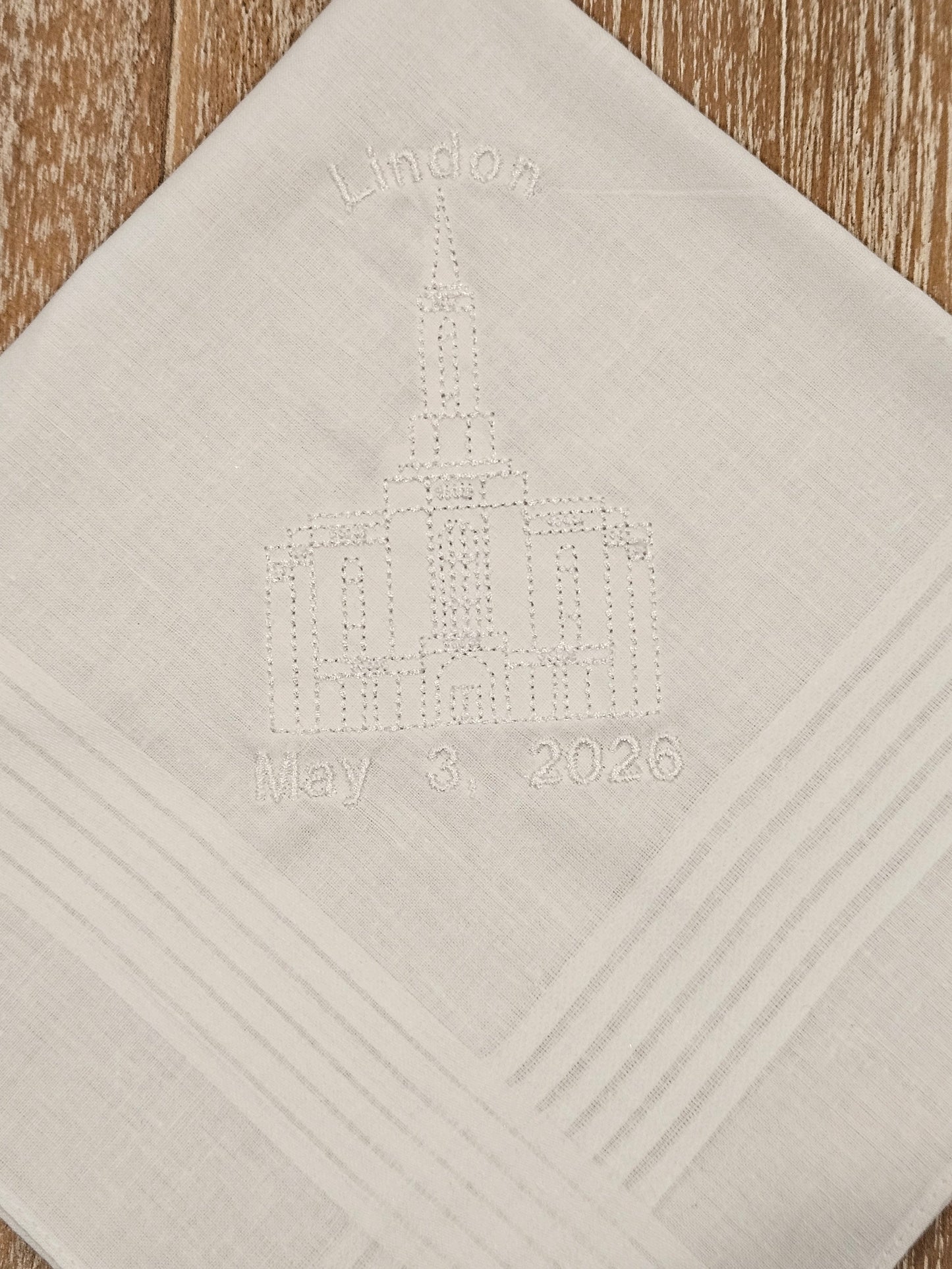 mens hankie with lindon temple emobridery