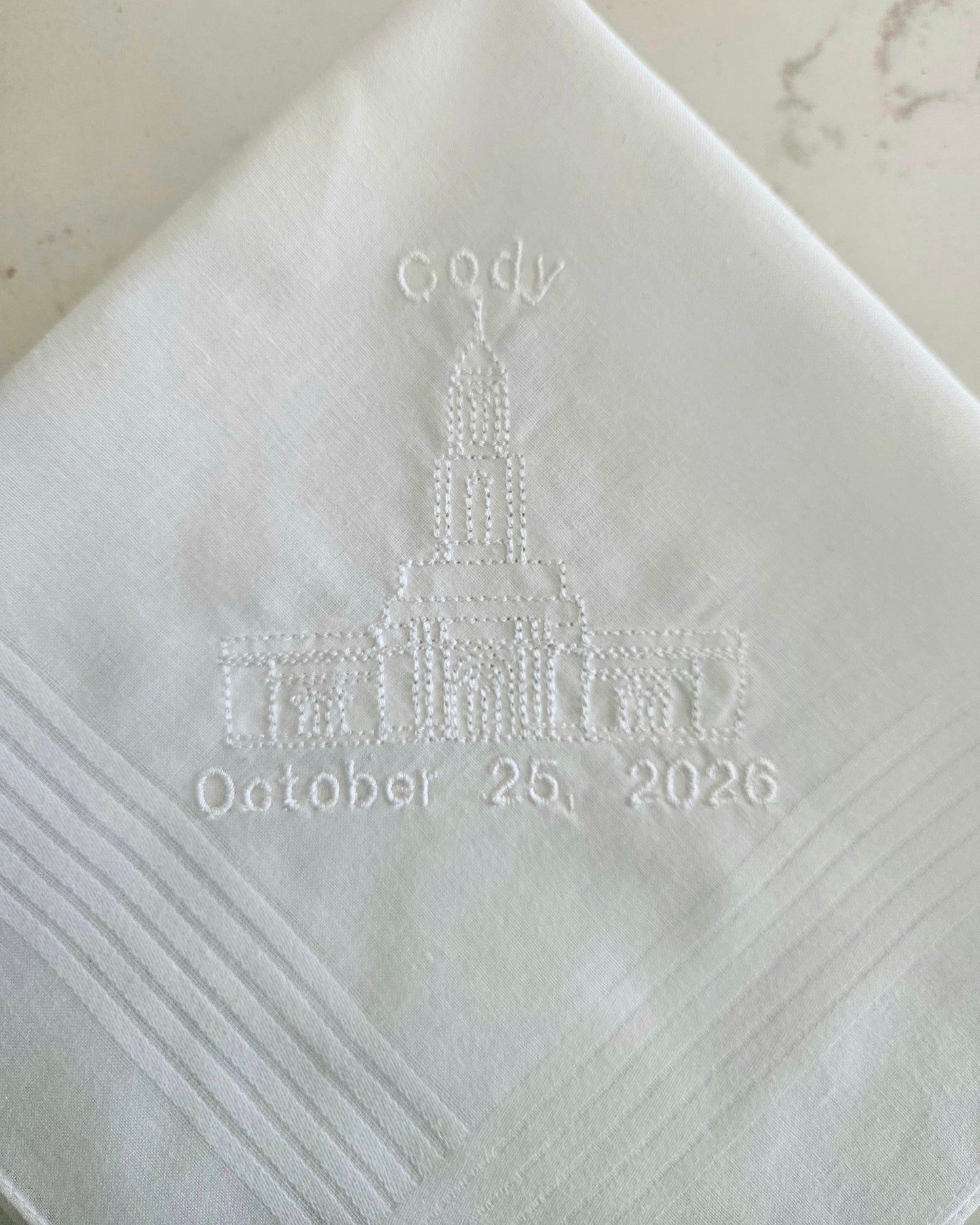 white hankie with cody wyoming lds temple embroidered