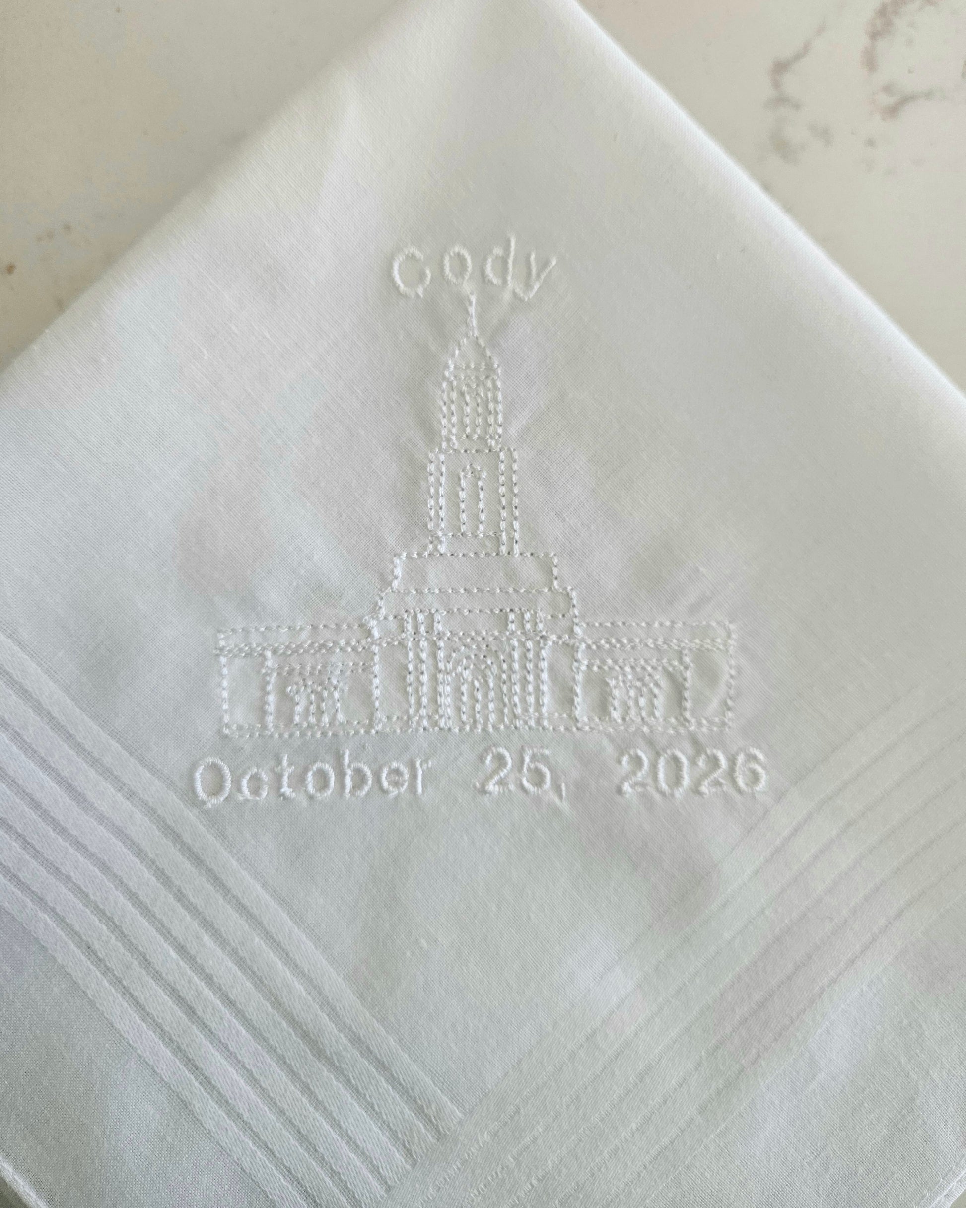 white hankie with cody wyoming lds temple embroidered