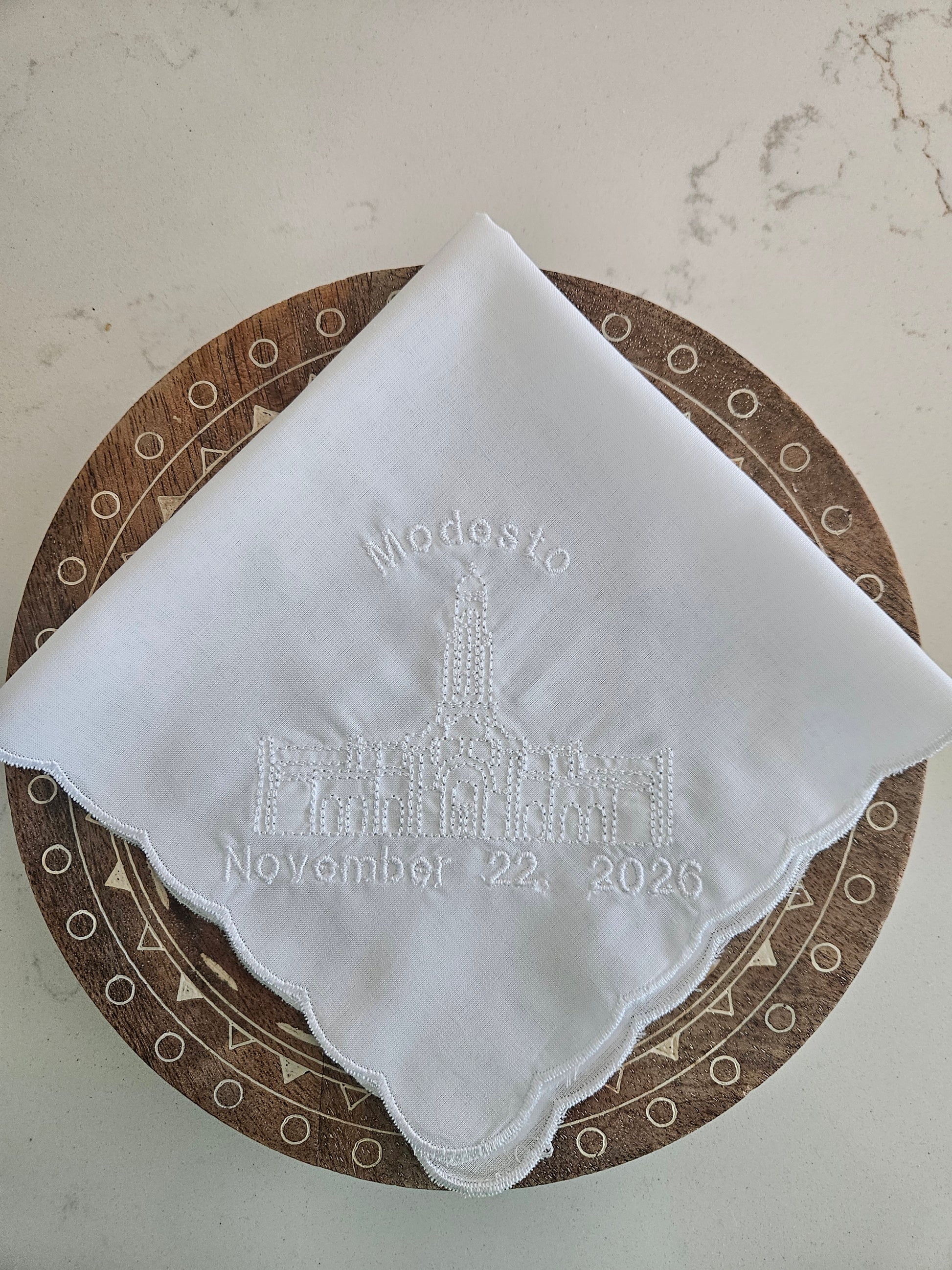 white hankie with modesto lds temple embroidered