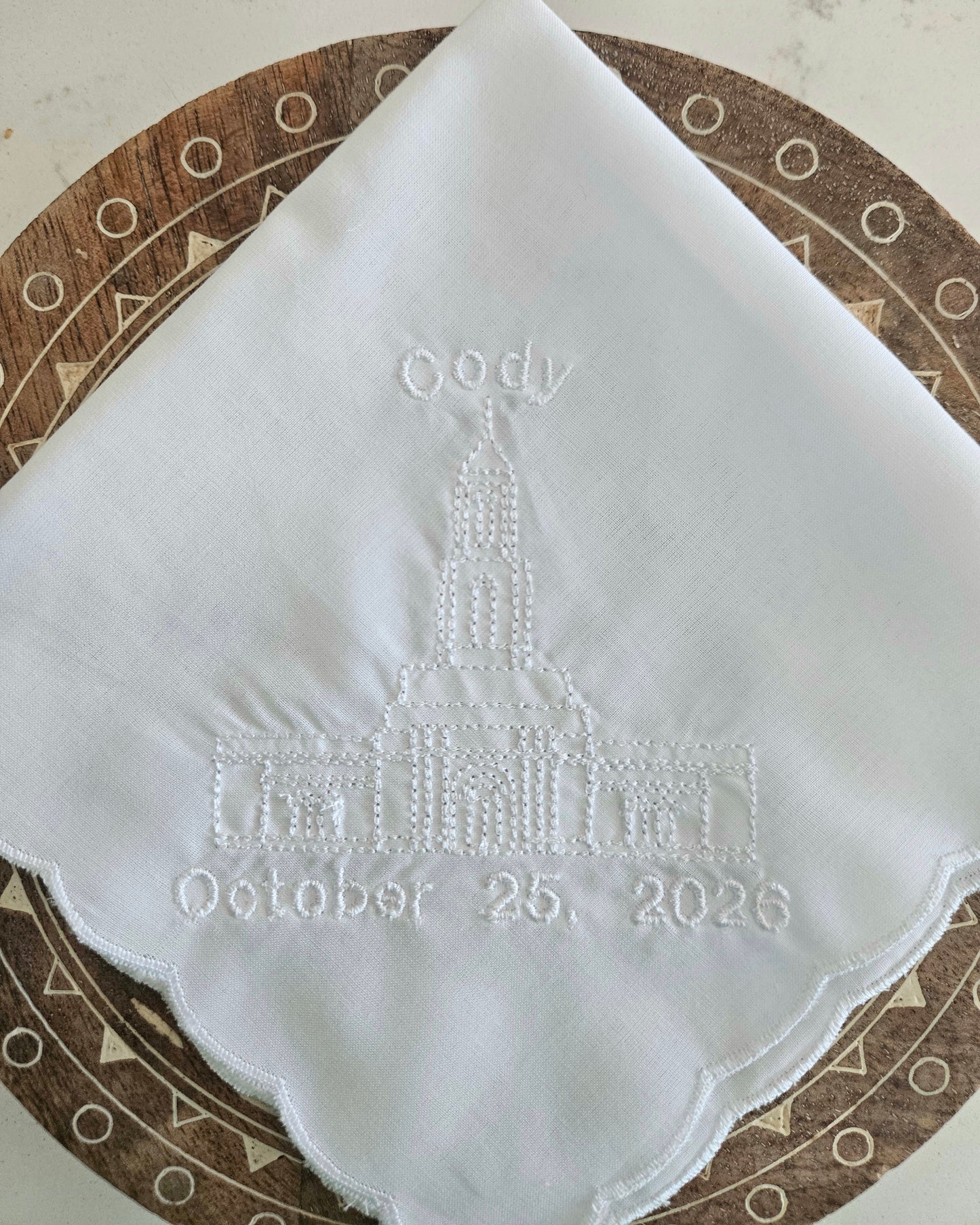 white hankie with cody wyoming lds temple embroidered