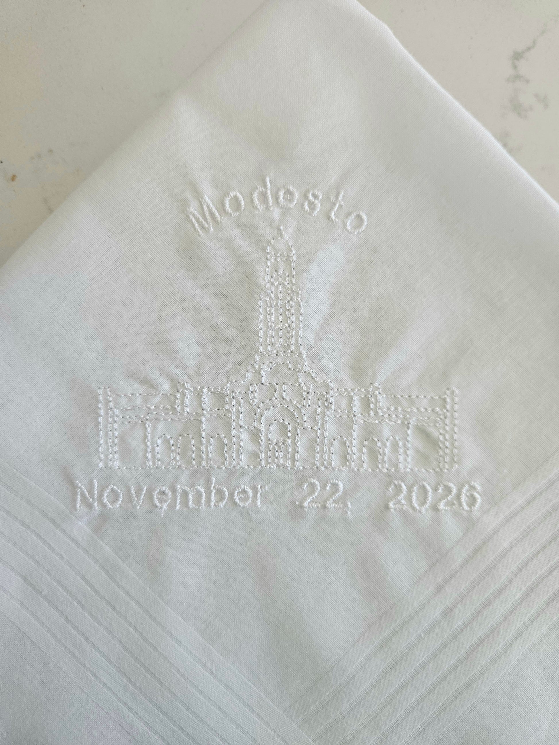 white hankie with modesto lds temple embroidered